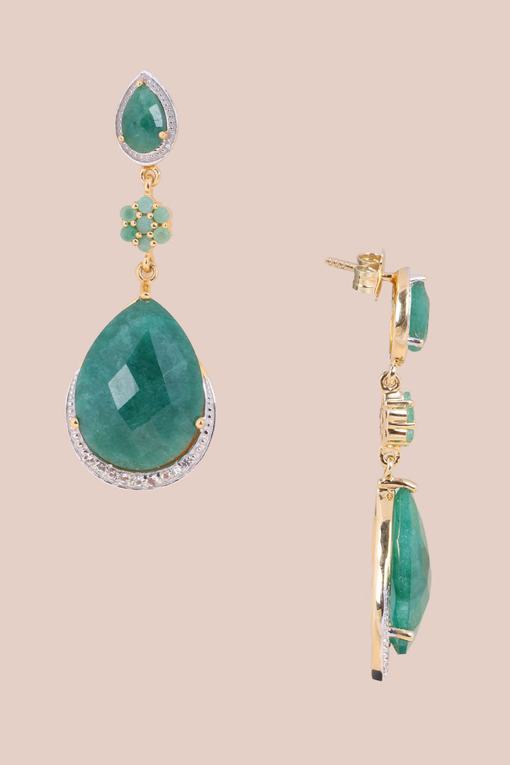 Emerald Flat Briolite, Sakota Emerald, White Topaz Sterling Silver Drop Earing - Avishya