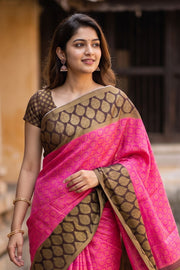 Hot Pink Pure Zari Korvai Kanjivaram Silk Saree 10058734