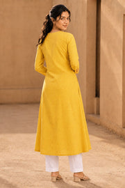 Yellow Hand Embroidered Cotton Kurta 10077630