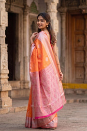 Kanjivaram Viscose Vegan Silk Saree in Peachish Orange with Contrast Pallu 10073860