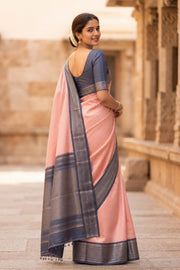 Pink Korvai Kanjivaram Pure Silk Saree With Silver Zari Border 10077901