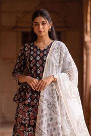 Brown Hand Block Printed Chaniya Choli with Kota Doria Dupatta 10066313