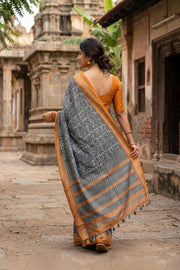 Dark Grey Printed Semi Tussar Silk Saree 10077231