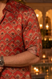 Rust Red Ajarkh Printed Vegan Modal Silk Mens Shirt 10078098