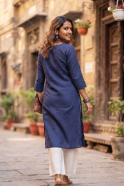 Blue Handcrafted Slub Cotton Kurta 10077424