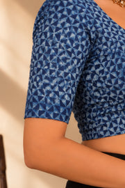 Blue Floral Motif Indigo Hand Block Print Cotton Blouse 10078143