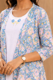 White Embroidered Midi Coat Cotton Dress With Printed Jacket 10077648