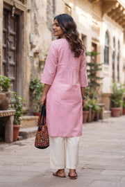Pink Handcrafted Slub Cotton Kurta 10077426