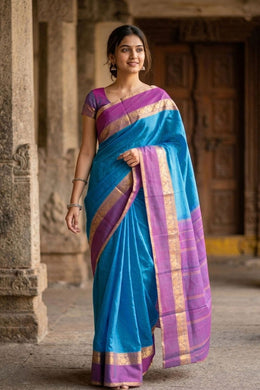 Anandha Blue Kanjivaram Pure Silk Saree With Kodimalar Border 10077892