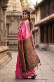 Neon Pink Jute Weave Kanjivaram Vegan Silk Saree 10074638