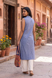 Blue Handcrafted Solid Style Sleeveless Cotton Kurta 10077454