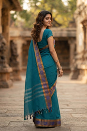 Sea Wave Blue Handloom Kanchi Cotton Saree with Checks and Peacock Border 10076470
