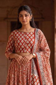 Red Hand Block Printed Chaniya Choli With Kota Doria Dupatta 10066333
