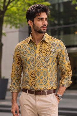 Yellow Full Sleeve Ajrakh Printed Cotton Mens Shirt 10072911