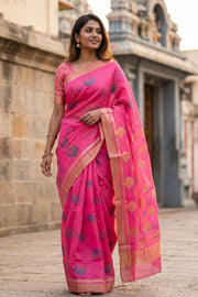 Pink Peacock Motifs Chanderi Printed Silk Cotton Saree 10075933