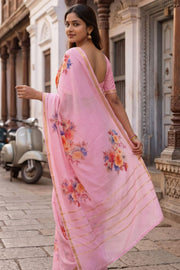 Rose Petal Pink Mysore Crepe Silk Saree With Acrylic Printed Floral Motifs 10076259