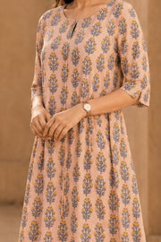 Peach Hand Block Printed Cotton Dress 10077621