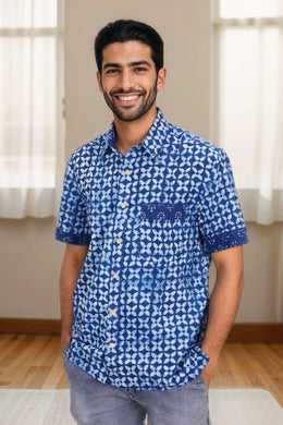 Indigo Handblock Print Pre-Washed Pure Cotton Shirt 10074396