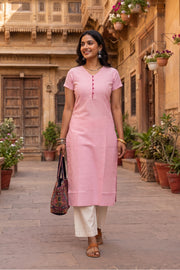 Pink Handcrafted Solid Style Oxford Cotton Kurta 10077455