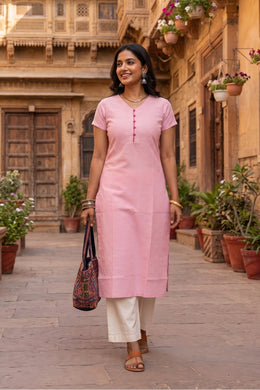 Pink Handcrafted Solid Style Oxford Cotton Kurta 10077455