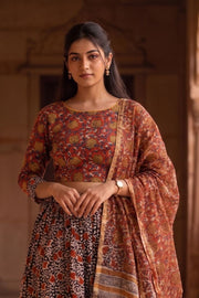 Maroon Hand Block Printed Cotton Chaniya Choli With Kota Doria Dupatta 10066322