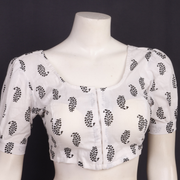 White Cottton Hand Block Printed Padded Blouse With Puff Sleeve 10077150