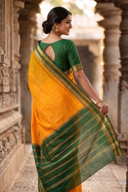 Sunset Yellow Mysore Crepe Silk Saree With Zari Border 10076258