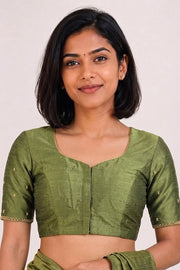 Olive Green Aari Embroidered Tussar Silk Blouse 10077735