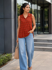 Red Ajrakh Printed Women Sleeveless Shirt 10077187