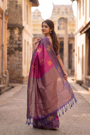 Pigment Magenta Jute Weave Kanjivaram Vegan Silk Saree 10074640
