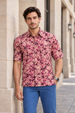 Pink Half Sleeve Batik Printed Cotton Mens Shirt 10076355