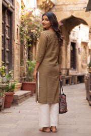 Brown Handcrafted Slub Cotton Kurta 10077428