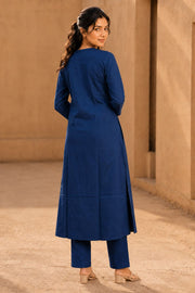 Blue Hand Block Cotton Kurta with Embroidered Yoke 10077660