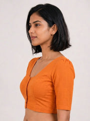 Orange Handcrafted Slub Cotton Solid Style Blouse 10073189