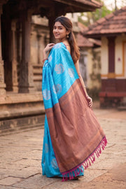 Vivid Blue Jute Weave Kanjivaram Vegan Silk Saree 10074642