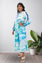 Blue Printed Vegan Charmeuse Silk Dress 10074048