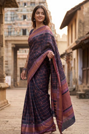 Navy Blue Threadwork Handloom Kanjivaram Silk Saree 10067869