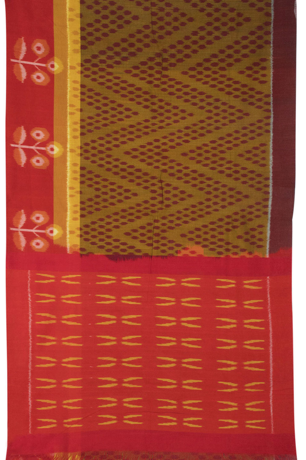 Brown with Red Handloom Pochampally Ikat Cotton Saree  - Avishya