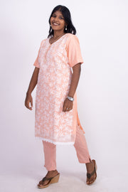 Peach Chikankari Embroidery Viscose Silk Co- ord Set 10076189