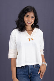 White Shawl Neck Cotton Crop Top 10068097