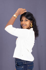 White Shawl Neck Cotton Crop Top 10068098