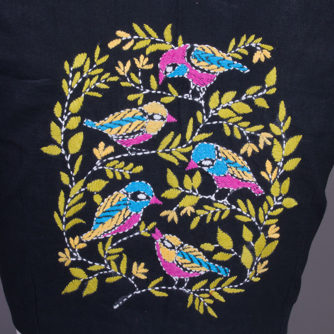 Black Kantha Embroidered Cotton Blouse 10068984 - Avishya