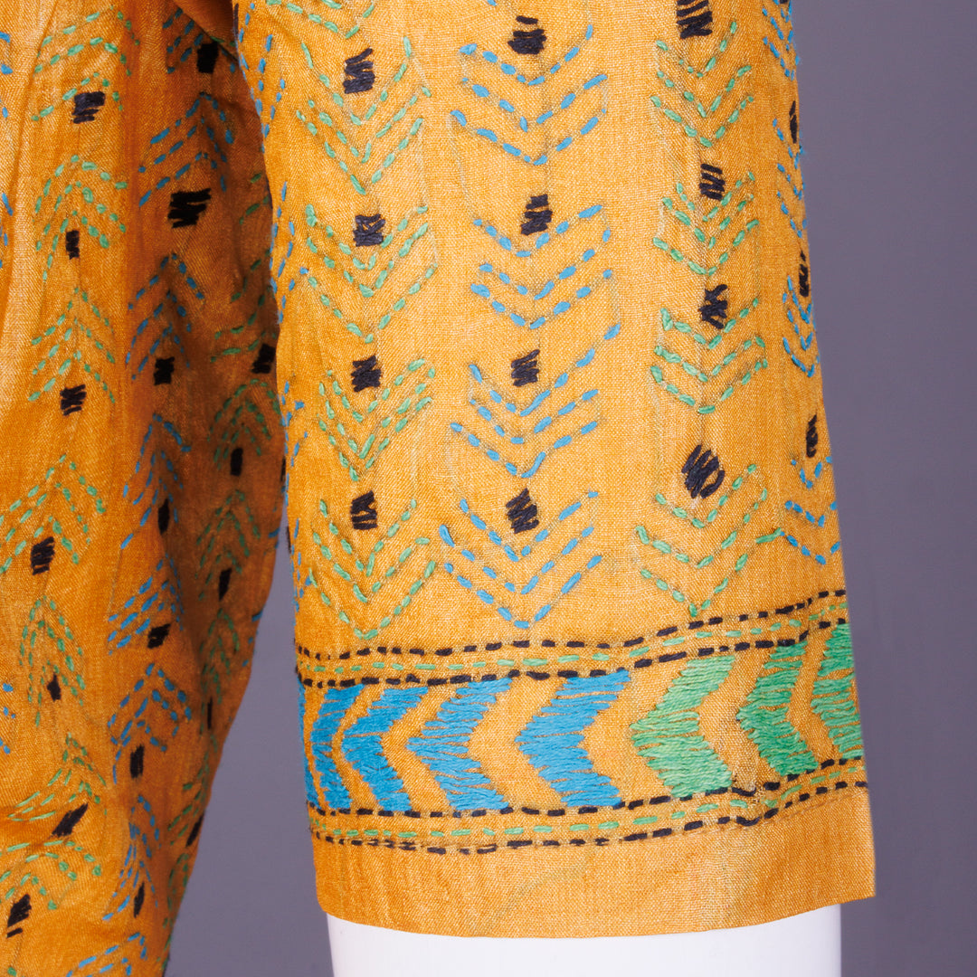 Yellow Kantha Embroidered Tussar Blouse 10069584 - Avishya