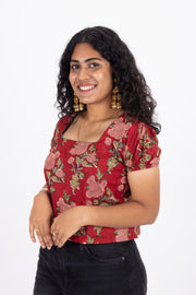 Red Hand Block Printed Cotton Crop Top  10074308