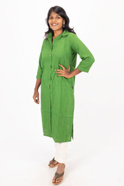 Green Handcrafted Solid Style Oxford Cotton Kurta 10074334