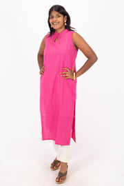 Pink Handcrafted Solid Style Oxford Cotton Kurta 10074336