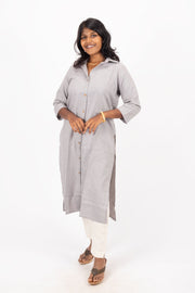 Grey Handcrafted Solid Style Oxford Cotton Kurta 10074337