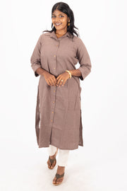 Brown Handcrafted Solid Style Oxford Cotton Kurta 10074338