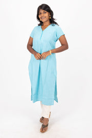 Blue Handcrafted Solid Style Oxford Cotton Kurta 10074339