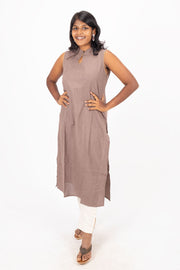 Brown Handcrafted Solid Style Oxford Cotton Kurta 10074340